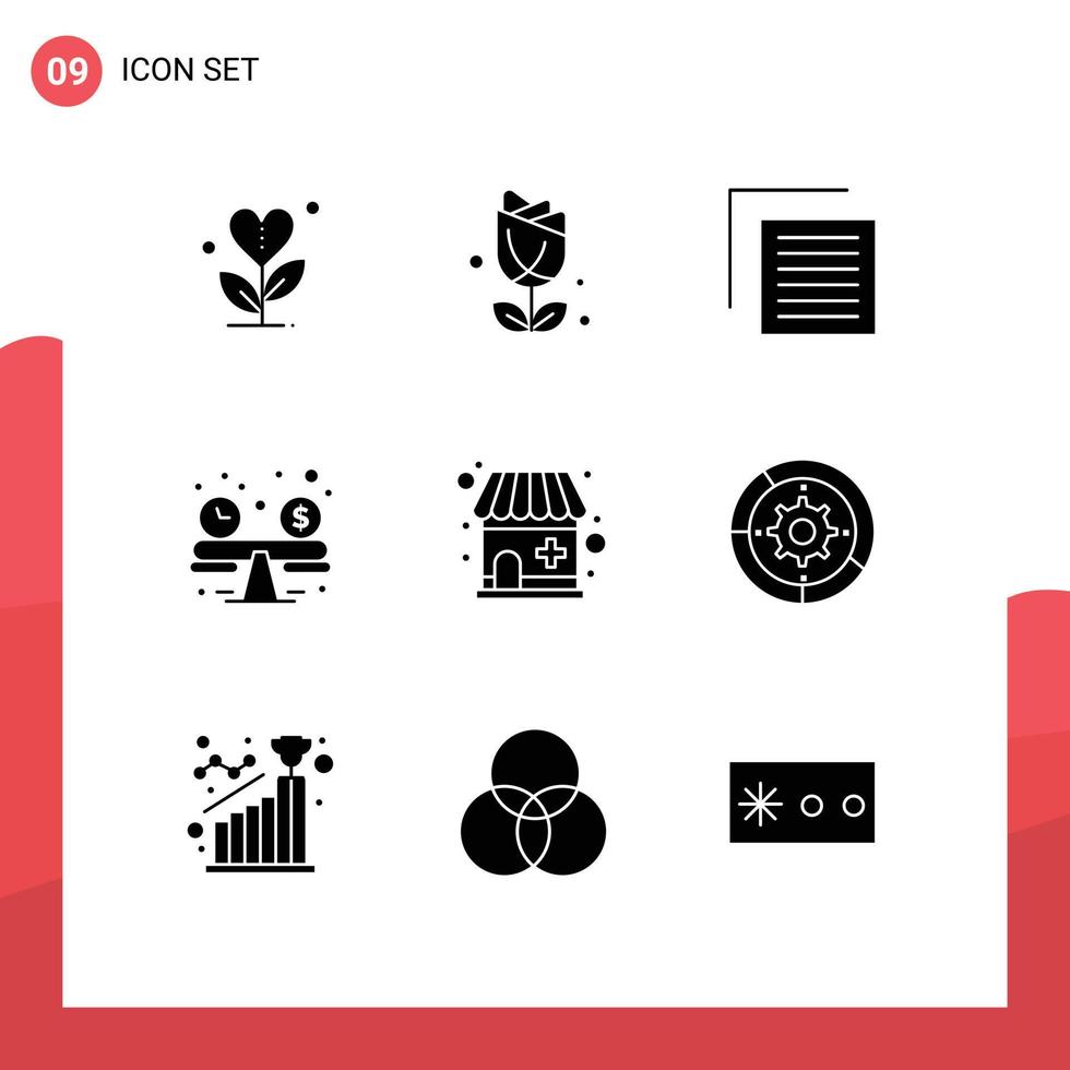 Mobile Interface Solid Glyph Set of 9 Pictograms of medical store creative plent budget planning interface Editable Vector Design Elements