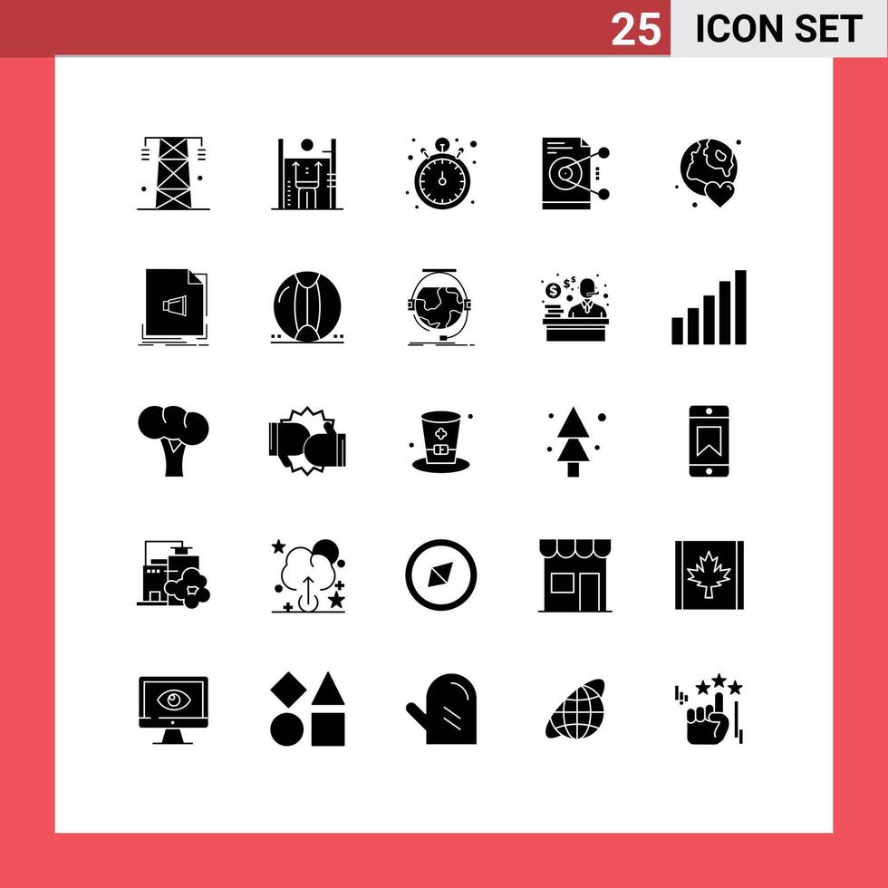 Pack of 25 creative Solid Glyphs of work share improvement file timer Editable Vector Design Elements