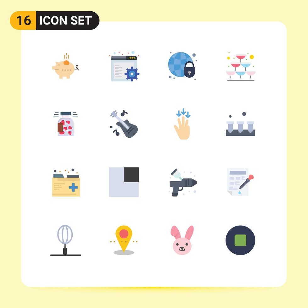 paquete de 16 signos y símbolos de colores planos modernos para medios de impresión web, como la fiesta de la botella copa de vino de seguridad global paquete editable de elementos de diseño de vectores creativos
