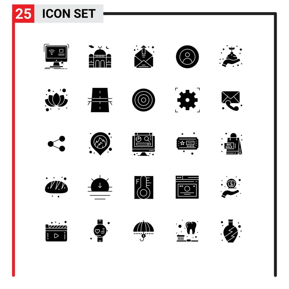 conjunto de 25 glifos sólidos vectoriales en la cuadrícula para los elementos de diseño vectorial editables de la bandeja de entrada de la tierra de la luna global del usuario vector