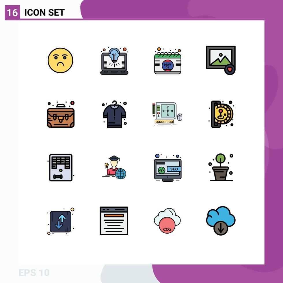 Set of 16 Commercial Flat Color Filled Lines pack for suitcase business calendar photo favorite Editable Creative Vector Design Elements