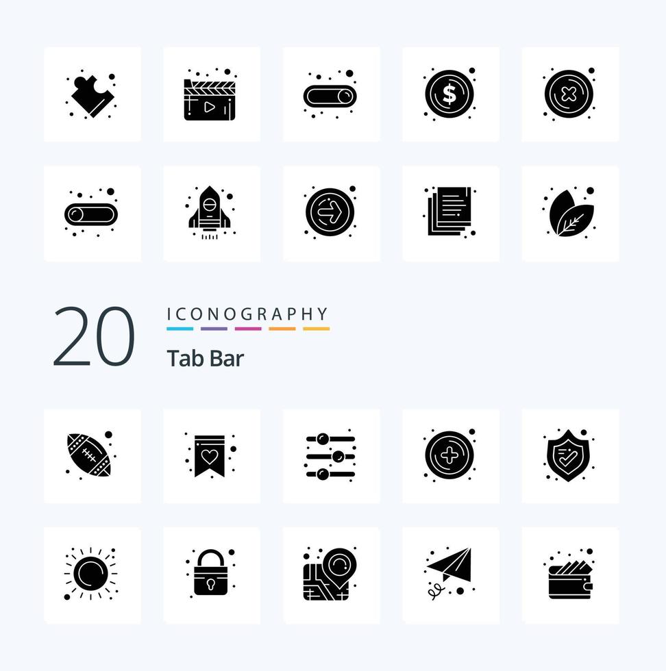 20 Tab Bar Solid Glyph icon Pack like sun shield on security plus vector