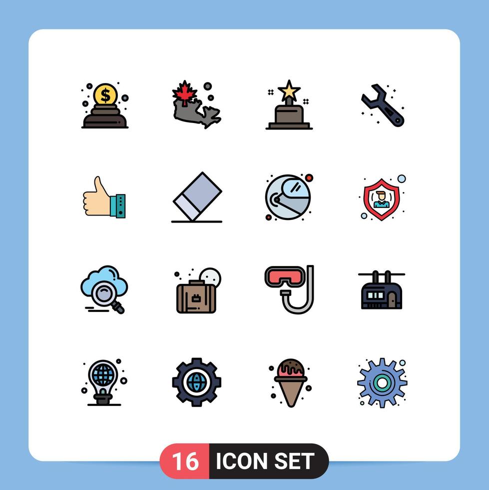 Mobile Interface Flat Color Filled Line Set of 16 Pictograms of thumbs gesture oscar finger wrench Editable Creative Vector Design Elements