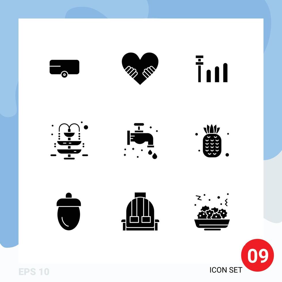 Universal Icon Symbols Group of 9 Modern Solid Glyphs of pineapple food fountain plumbing mechanical Editable Vector Design Elements