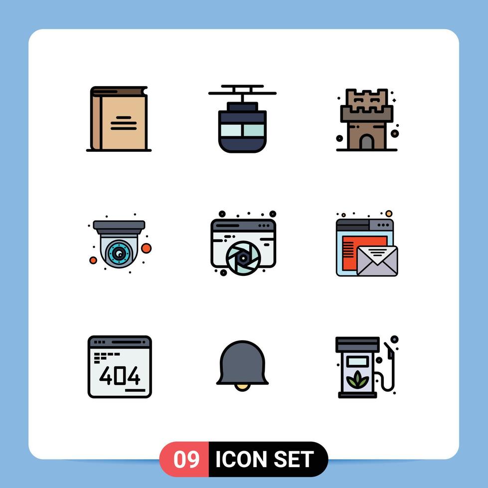 Pack of 9 creative Filledline Flat Colors of designing security camera vehicles security camera Editable Vector Design Elements
