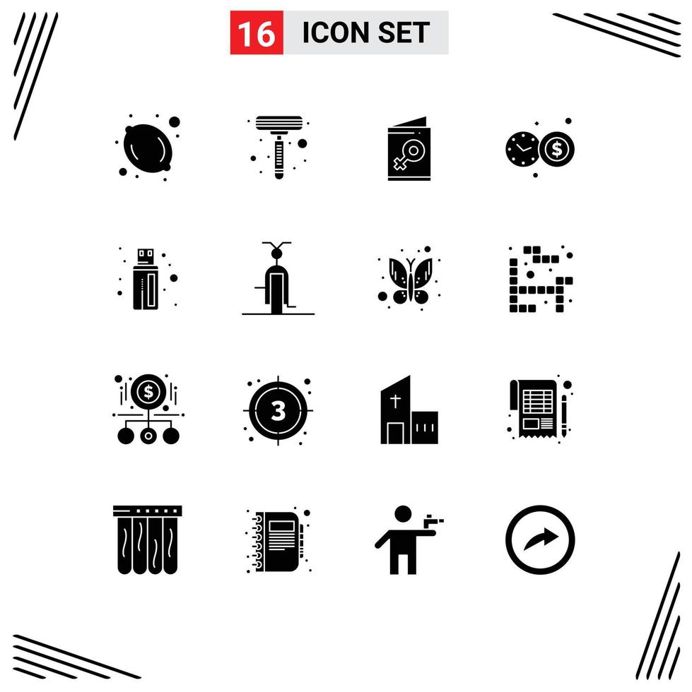 Set of 16 Commercial Solid Glyphs pack for filled usb symbol connector speedometer Editable Vector Design Elements