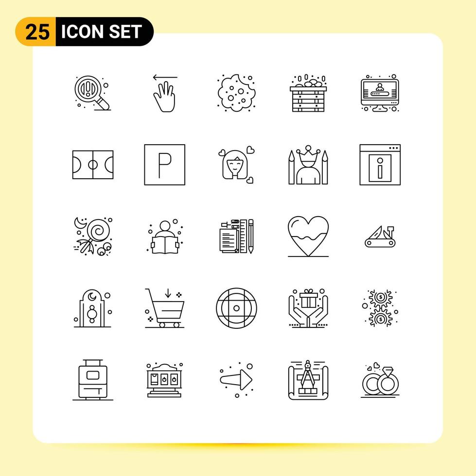 25 Thematic Vector Lines and Editable Symbols of basket profile cookie account sauna Editable Vector Design Elements