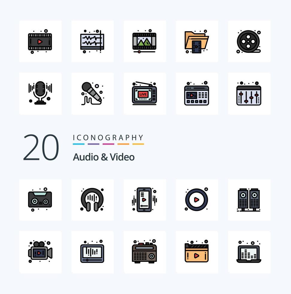 20 Audio And Video Line Filled Color icon Pack like camera sound mobile music play vector