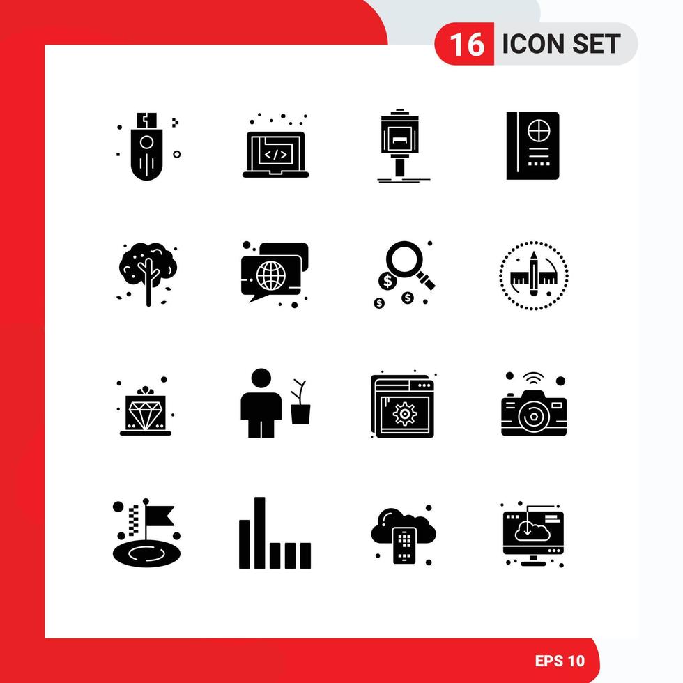 Set of 16 Vector Solid Glyphs on Grid for vacation passport marketing valley service Editable Vector Design Elements