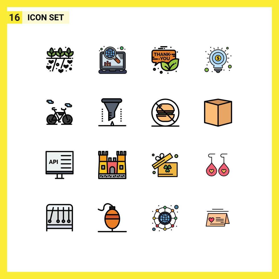 Set of 16 Vector Flat Color Filled Lines on Grid for bike seo email money thanksgiving Editable Creative Vector Design Elements