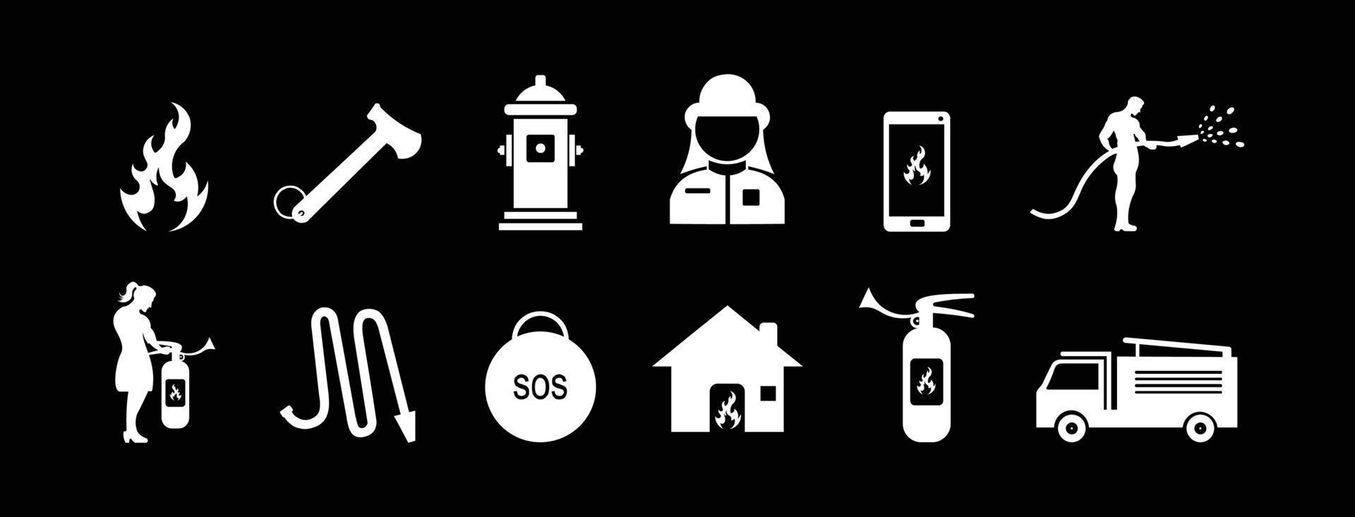 conjunto de iconos de bombero, signo o símbolo del departamento de bomberos, ilustración vectorial sobre fondo blanco y negro. vector