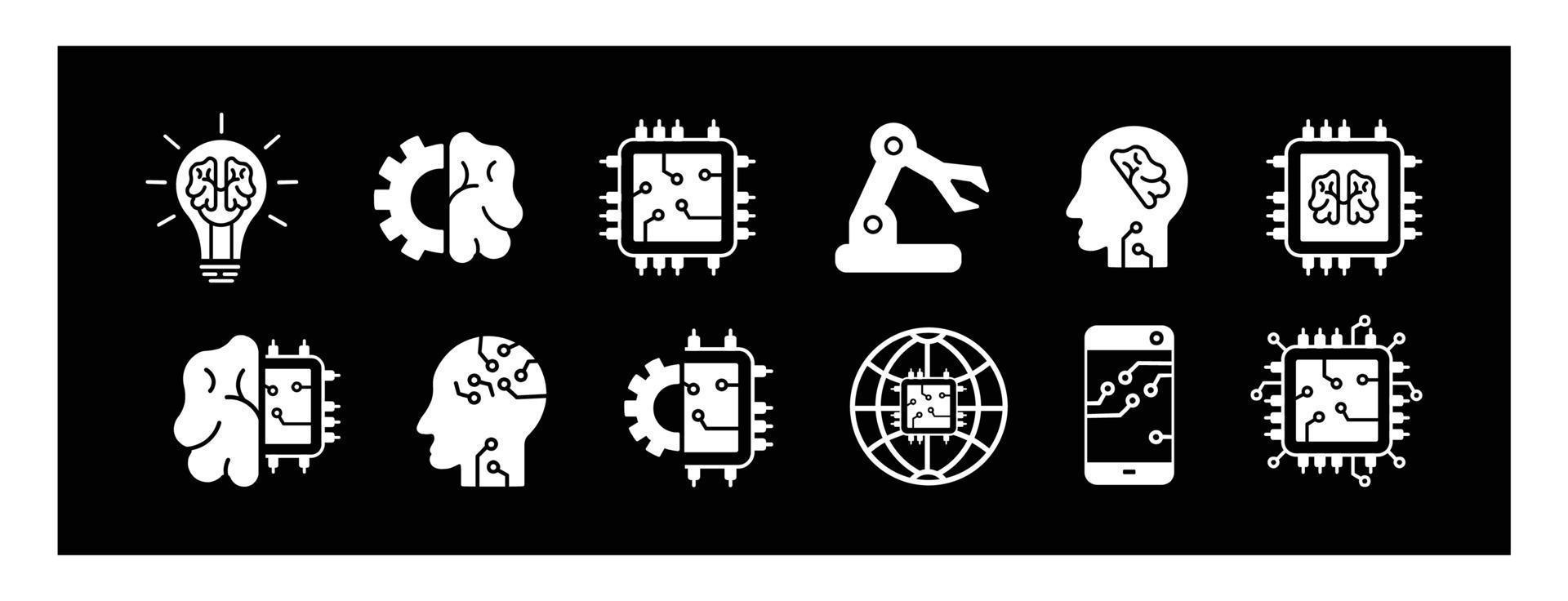 conjunto de iconos de inteligencia artificial. conjunto de robots de ilustración vectorial de inteligencia artificial sobre fondo negro. vector