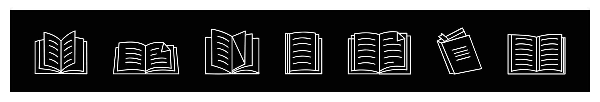 iconos de libros establecidos en la ilustración vectorial de estilo de línea delgada. colección de símbolos de educación. libro abierto plano y logotipo de estilo de línea vector