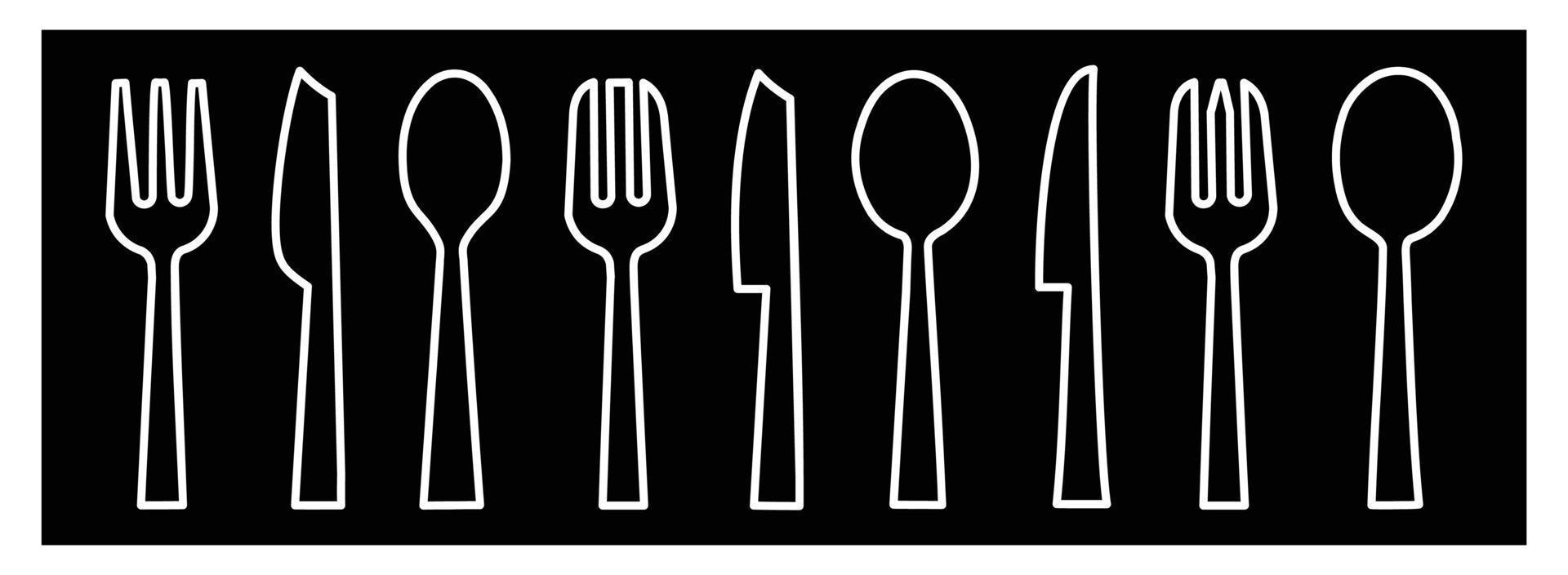 Tableware Vector illustration spoon, Fork, knife, and plate icon set in line style, Dinner service collection form on black background