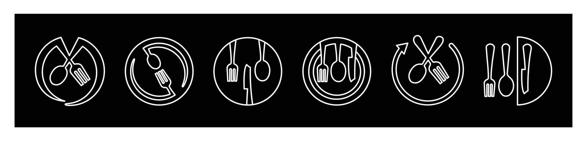Tableware Vector illustration spoon, Fork, knife, and plate icon set in line style, Dinner service collection form on black background