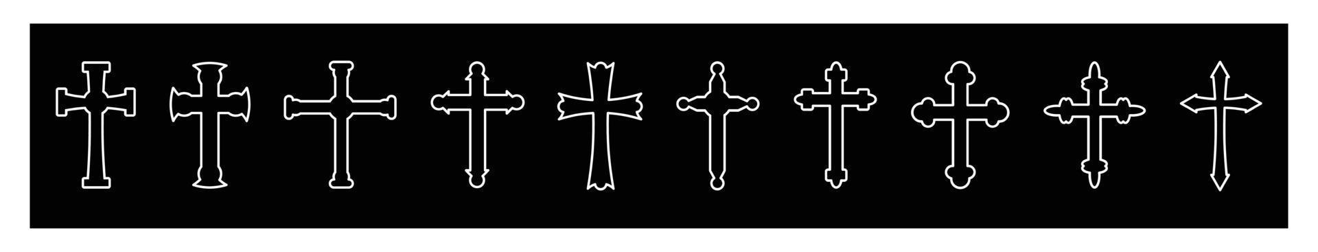 conjunto de iconos cruz cristiana vector símbolo plano y estilo de contorno. cruz como símbolo de pascua, fe, muerte y resurrección en el fondo negro