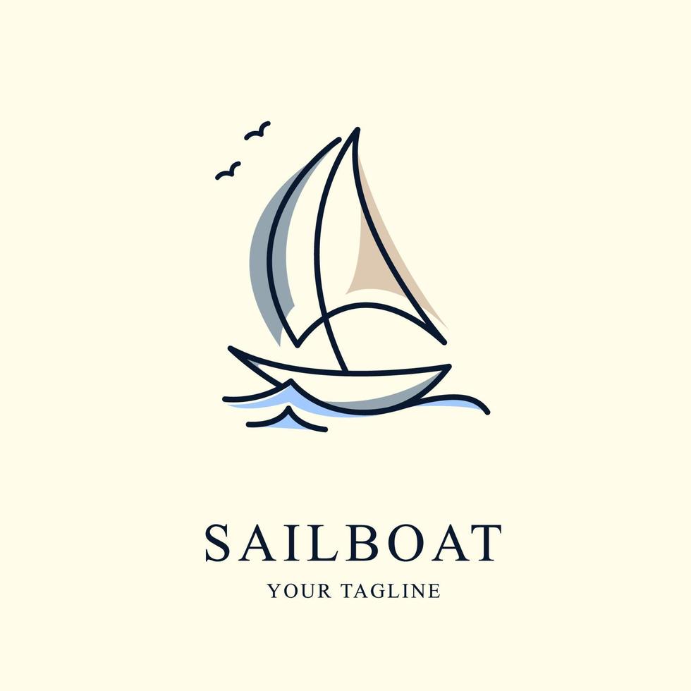 Simple Sailboat dhow boat ship on Sea Ocean Wave with line art style logo design vector