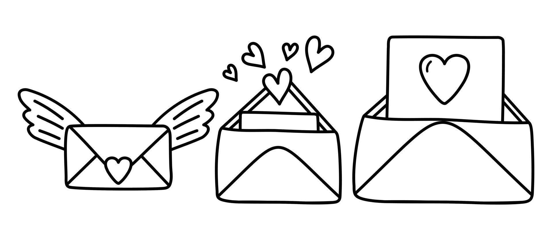 lindas cartas de amor de garabatos, sobre con corazón. ilustración vectorial dibujada a mano vector