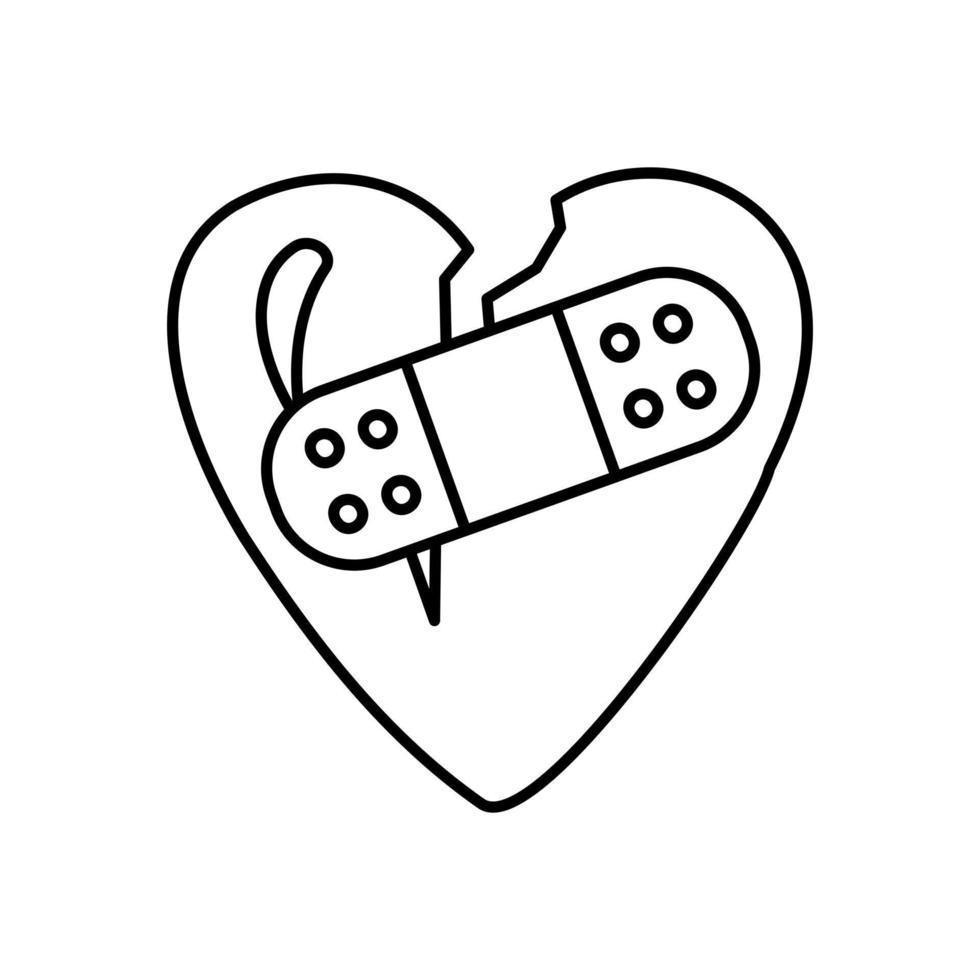 Doodle broken heart from 3D realistic icon and symbols in red with a wound, stitches and bandages highlighted. vector