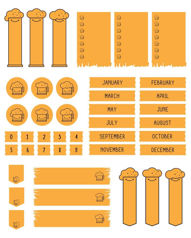 conjunto de pegatinas de planificador. pegatinas de planificador imprimibles. planificadores y etiqueta de días semanales. pegatinas de diario de viñetas, planificador, diseño de pegatinas de álbumes de recortes. vector