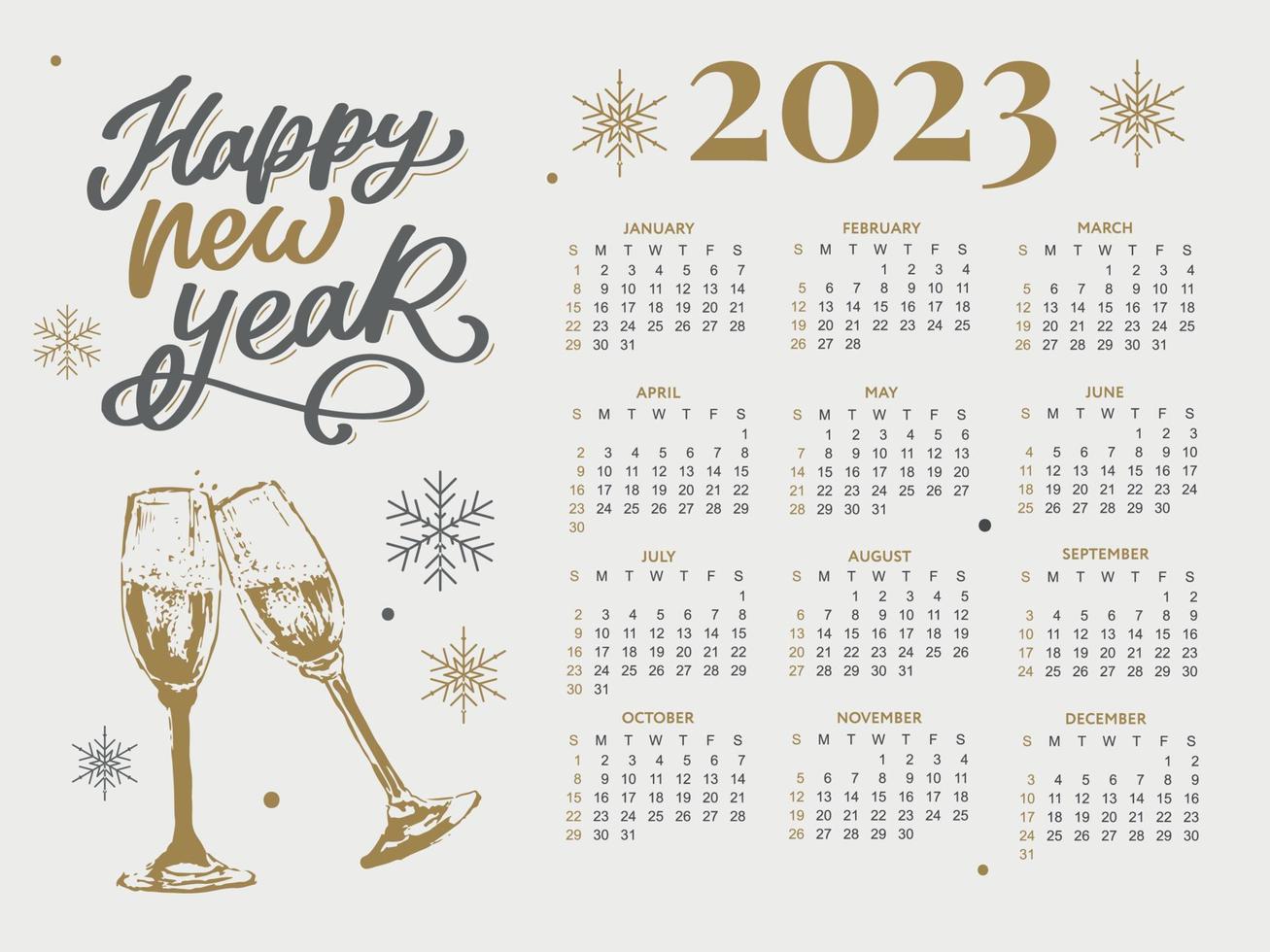 2023 Calendar year vector illustration. The week starts on Sunday. Christmas snowflakes calendar 2023 template. Calendar design Sunday in red colors. Vector