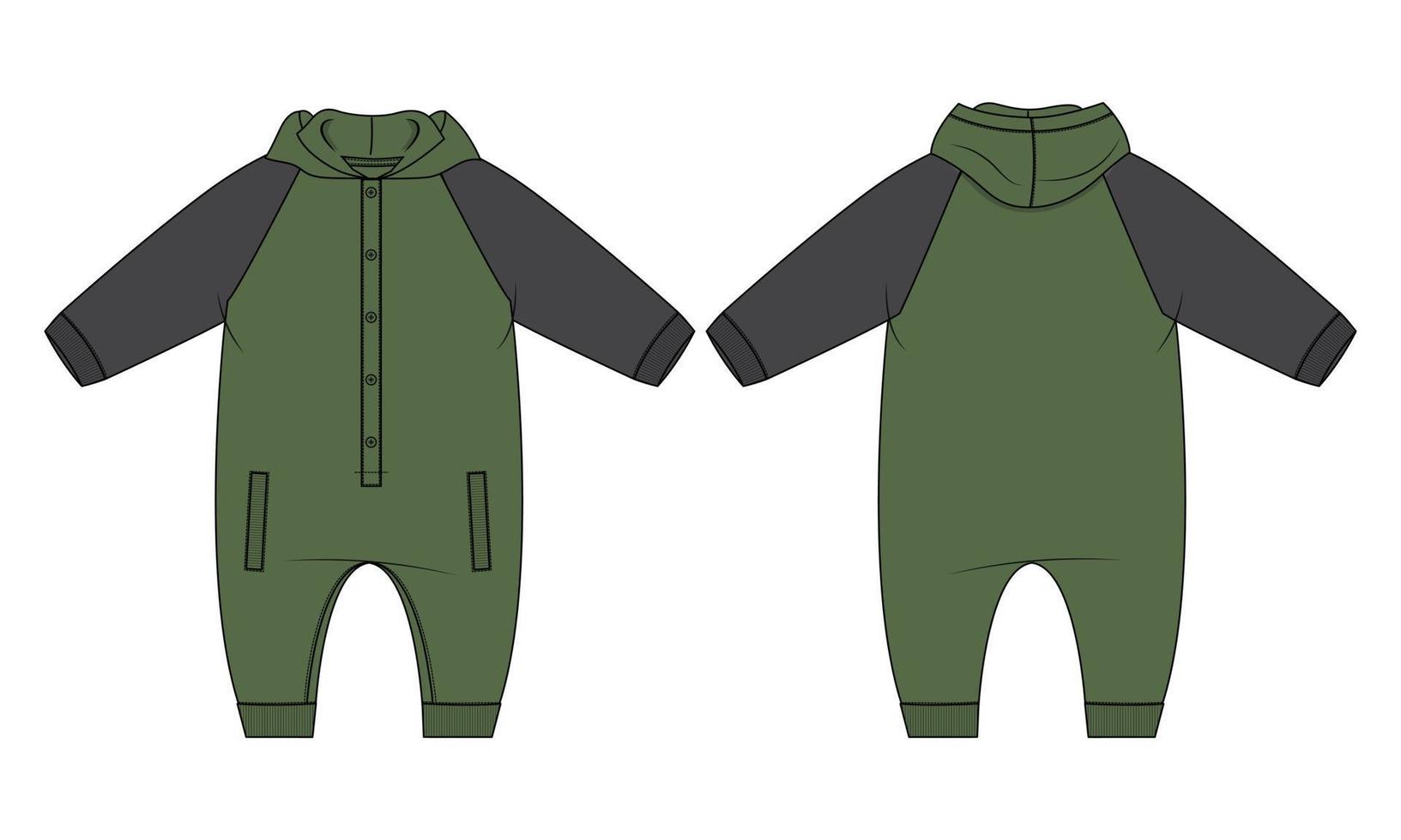 Long sleeve bodysuit hoodie romper  Technical Fashion sketch vector fashion template  for kids.