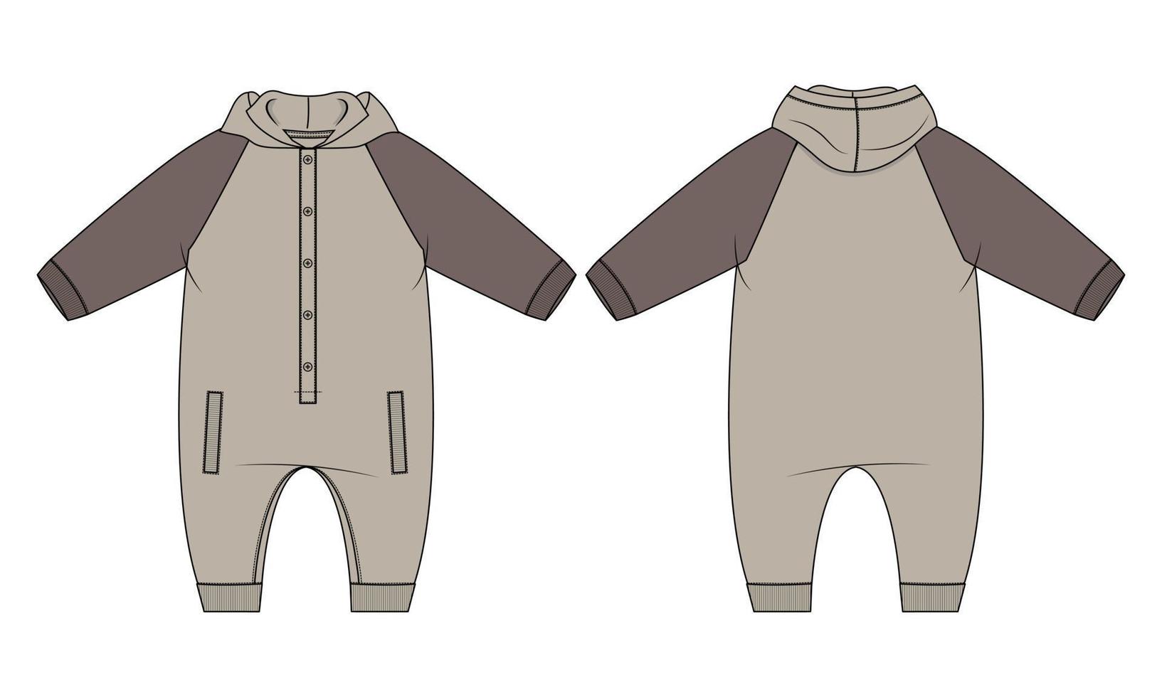 Long sleeve bodysuit hoodie romper  Technical Fashion sketch vector fashion template  for kids.