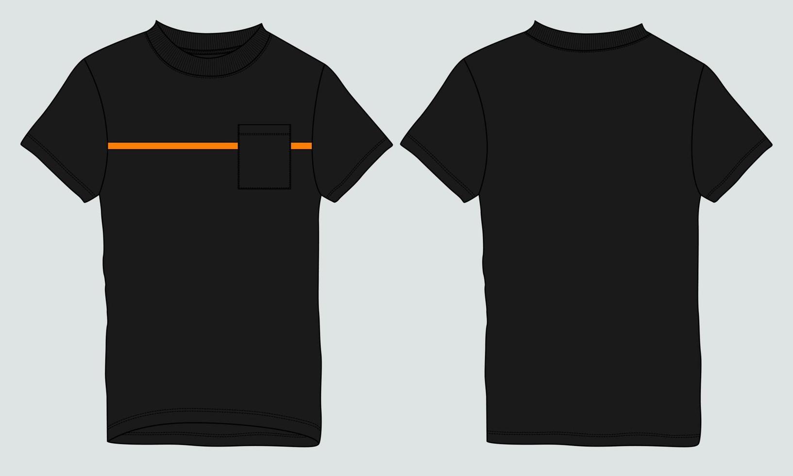 Short sleeve With pocket T-shirt technical fashion Flat sketch vector illustration Template front and back views.