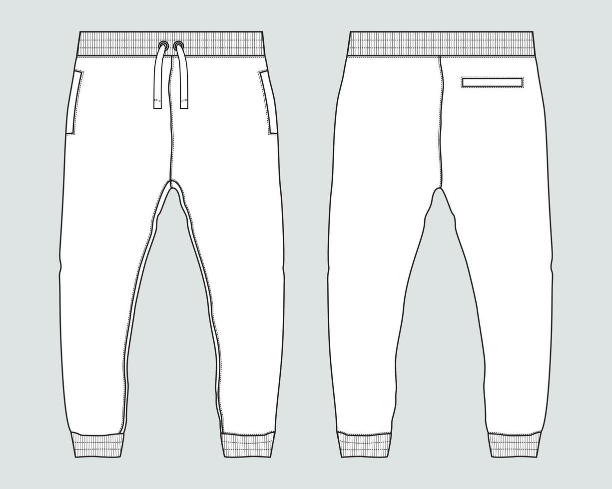 Fleece fabric Jogger Sweatpants technical fashion Flat sketch vector illustration template front and back views.