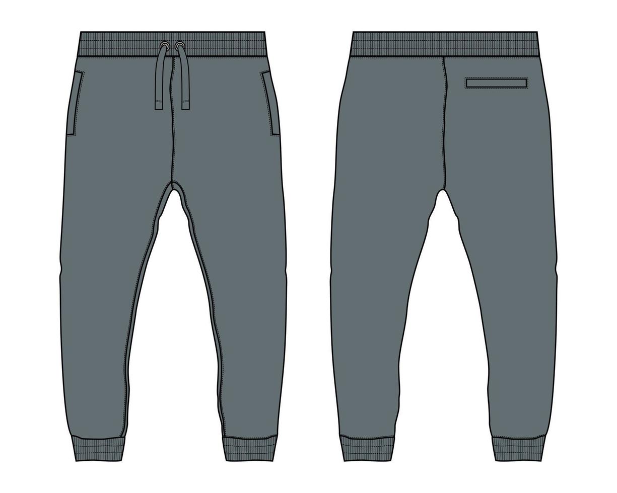 pantalones de chándal jogger de tela polar vistas frontales y traseras de la plantilla de ilustración vectorial de boceto plano de moda técnica. vector