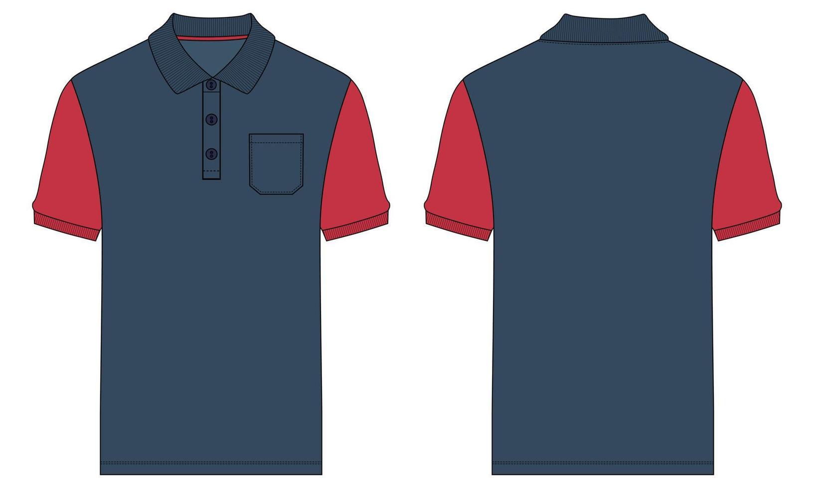 vista frontal y posterior de la plantilla de ilustración vectorial de boceto plano de moda técnica de camisa de polo de manga corta. vector
