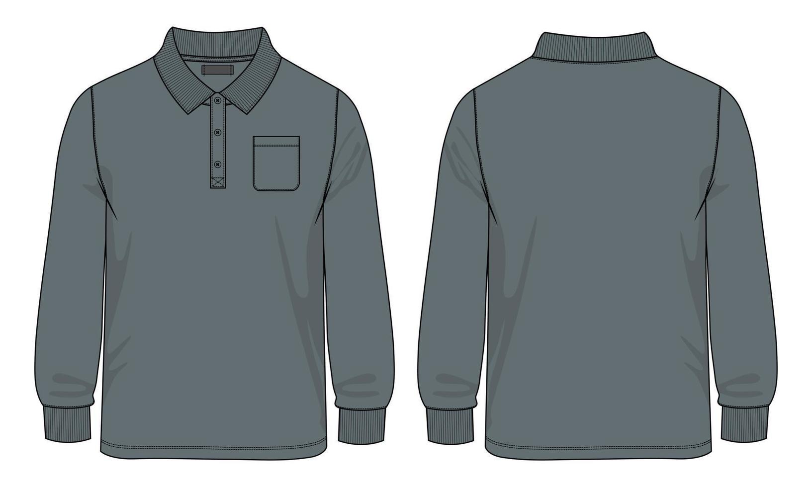 Long sleeve Polo shirt with pocket technical fashion flat sketch vector illustration template front and back views.