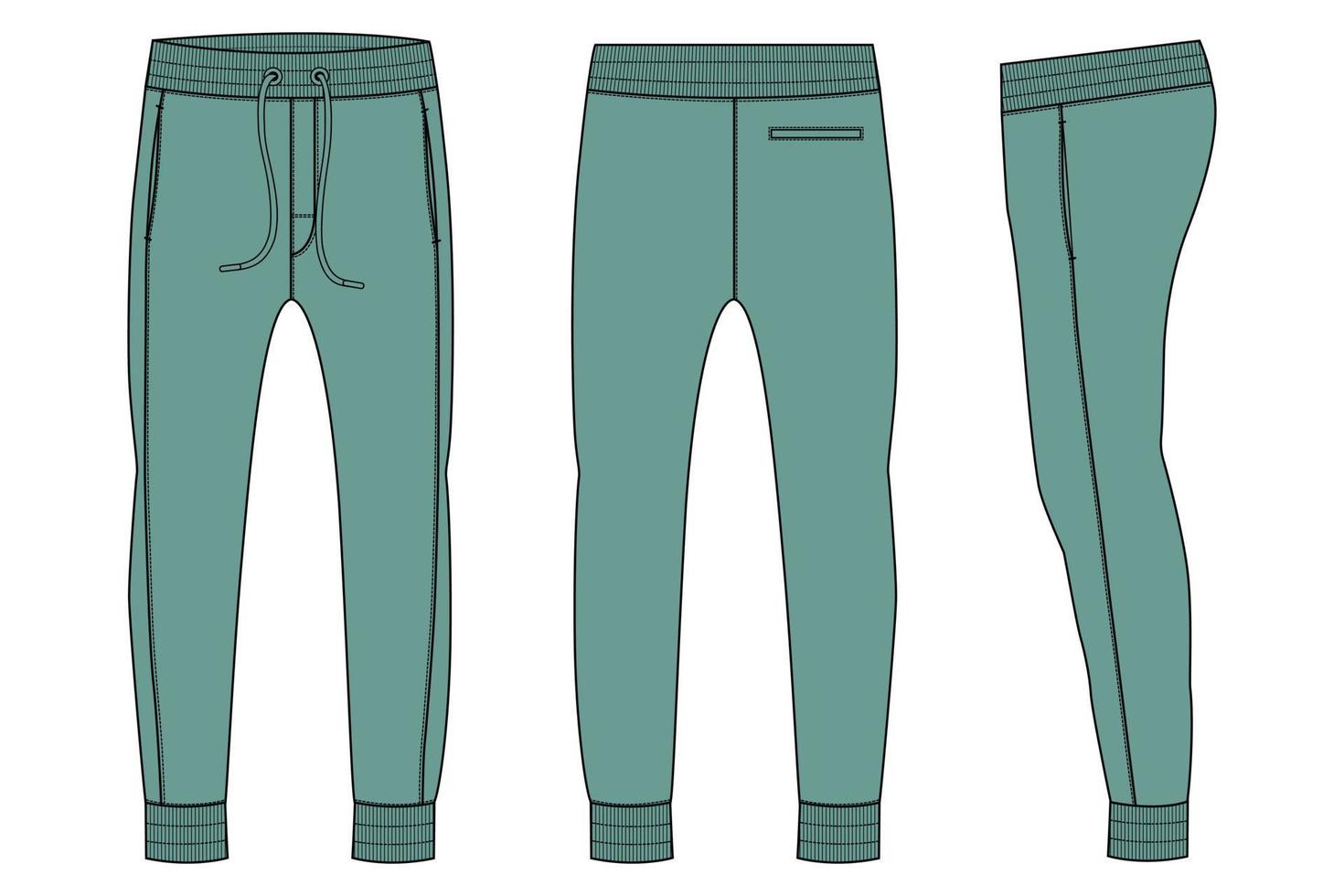 pantalones de chándal jogger de tela polar vistas frontales y traseras de la plantilla de ilustración vectorial de boceto plano de moda técnica. vector