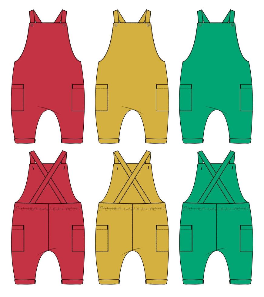 Kids Dungaree technical fashion flat sketch vector illustration template for kids