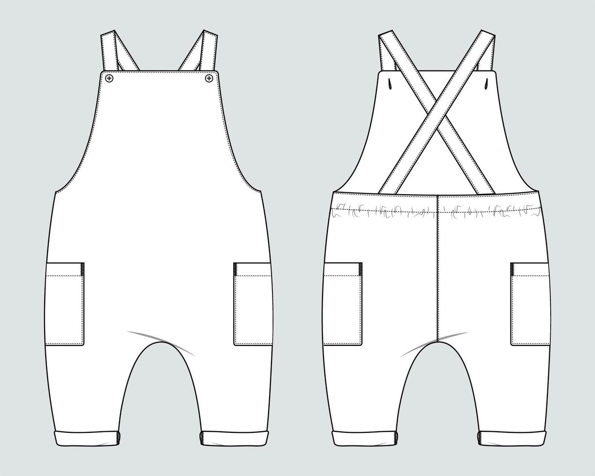 Kids Dungaree technical fashion flat sketch vector illustration template for kids