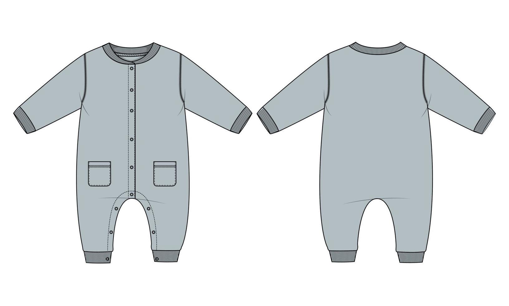 Baby bodysuit Romper Technical Fashion Flat sketch vector illustration template Front And back views