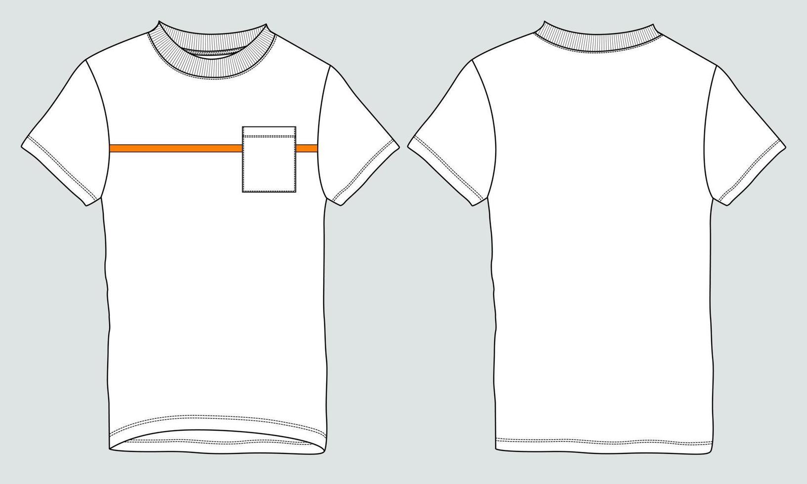 Short sleeve with pocket T-shirt technical fashion Flat sketch vector illustration Template front and back views.