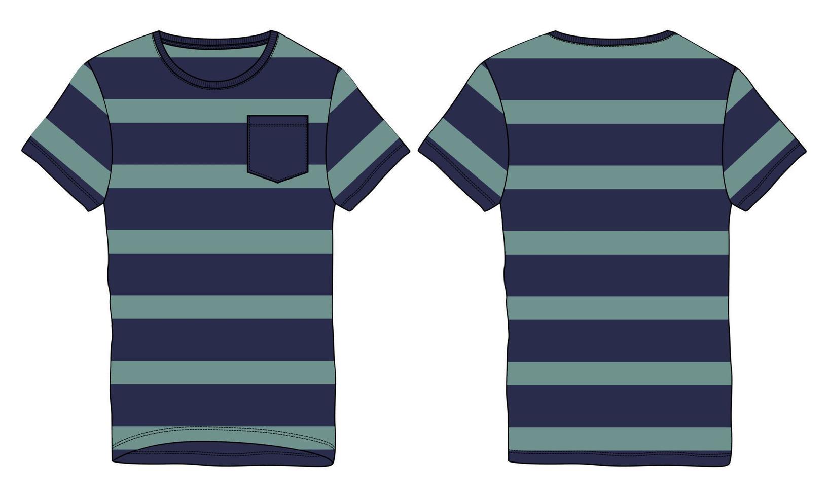 Short sleeve With yarn dye stripe T-shirt technical fashion Flat sketch vector illustration Template front and back views.