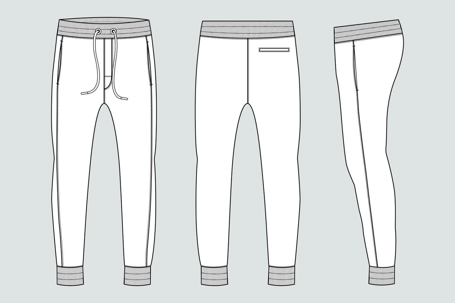 pantalones de chándal jogger de tela polar vistas frontales y traseras de la plantilla de ilustración vectorial de boceto plano de moda técnica. vector