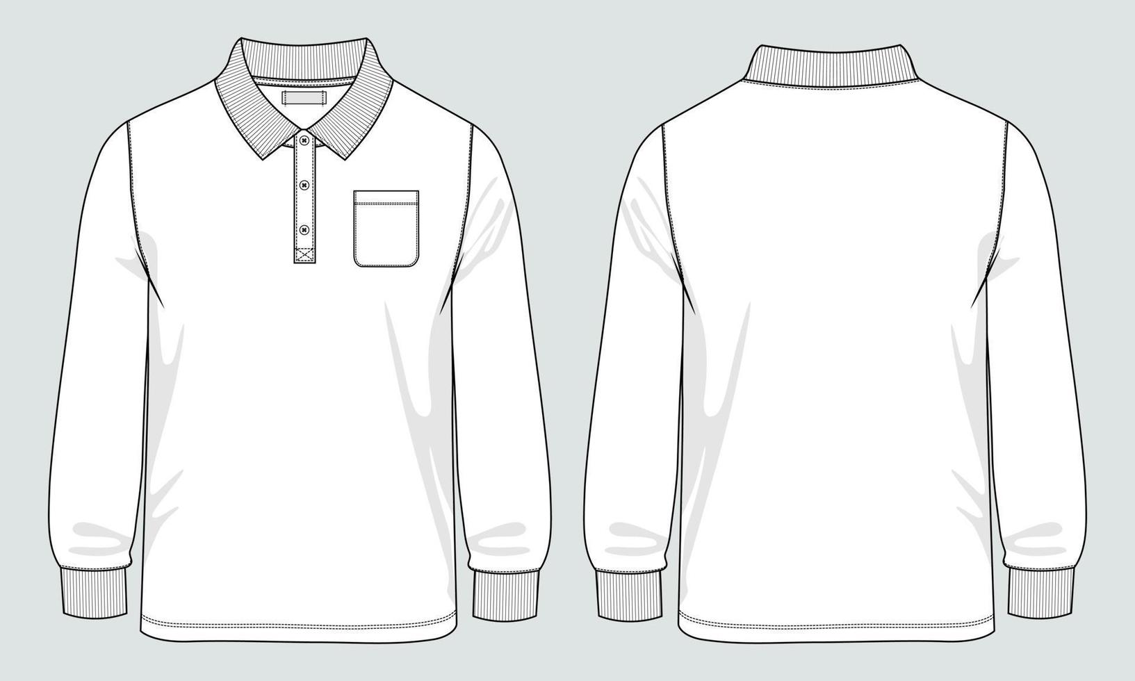 Long sleeve Polo shirt with pocket technical fashion flat sketch vector illustration template front and back views.