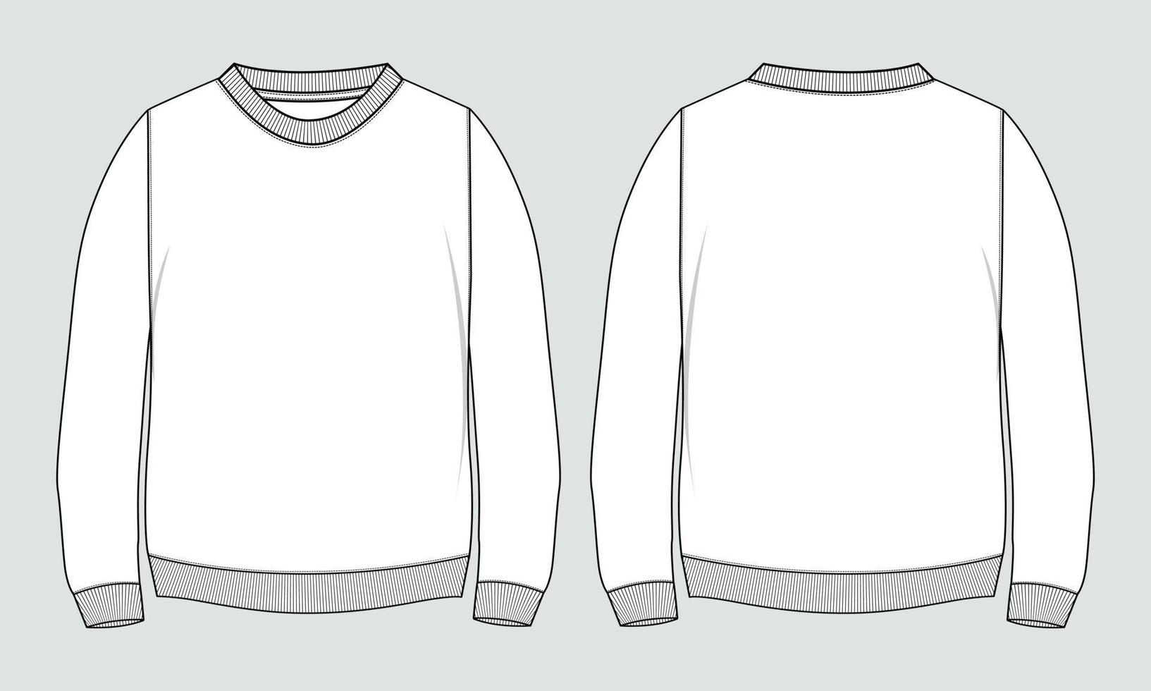 vista frontal y trasera de la plantilla de ilustración vectorial de dibujo plano de moda técnica de sudadera de manga larga. vector