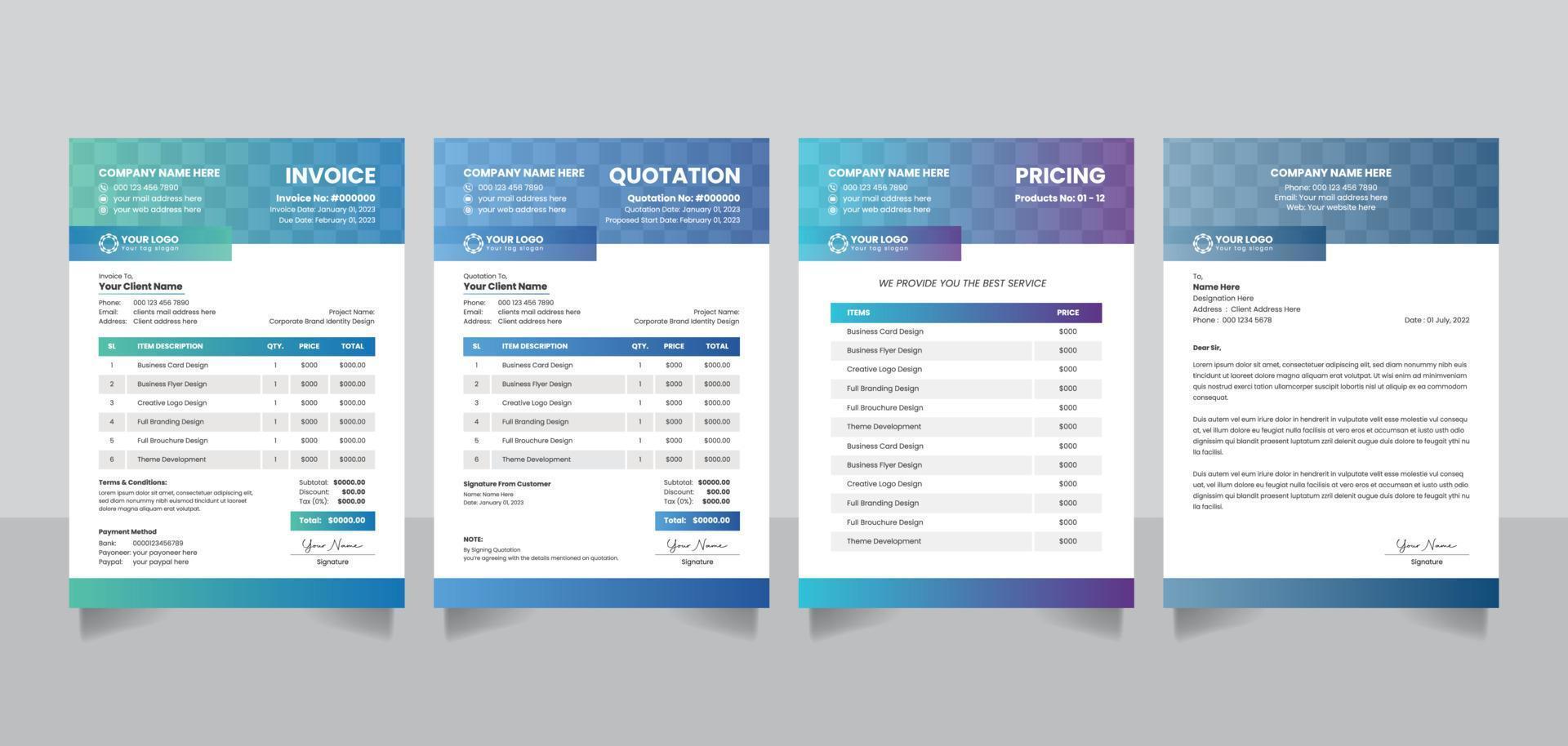 Creative business invoice bill form rate list quotation pricelist letterhead design template in 4 different color vector