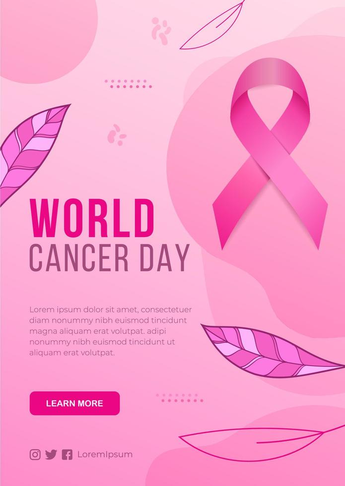 Gradient world cancer day vertical poster template with cancer day ribbon and leaf vector