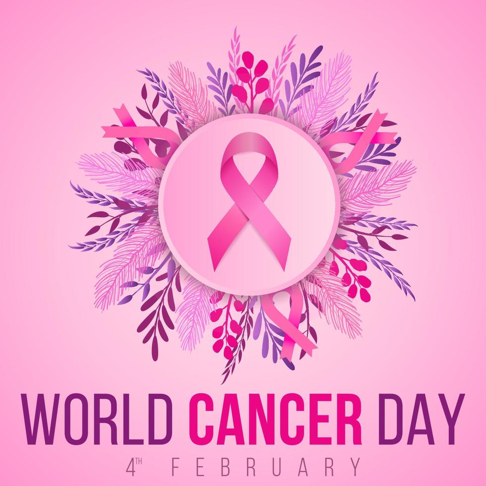 World cancer day illustration with cancer day pink ribbon and floral vector
