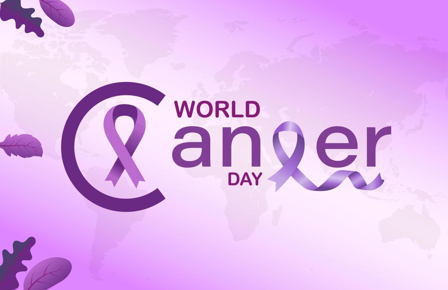 Gradient world cancer day horizontal banner background with world map and ribbon vector
