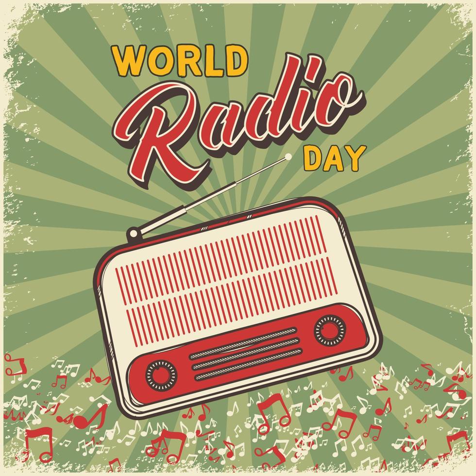 World radio day background in vintage style with grunge textures and radio illustration vector