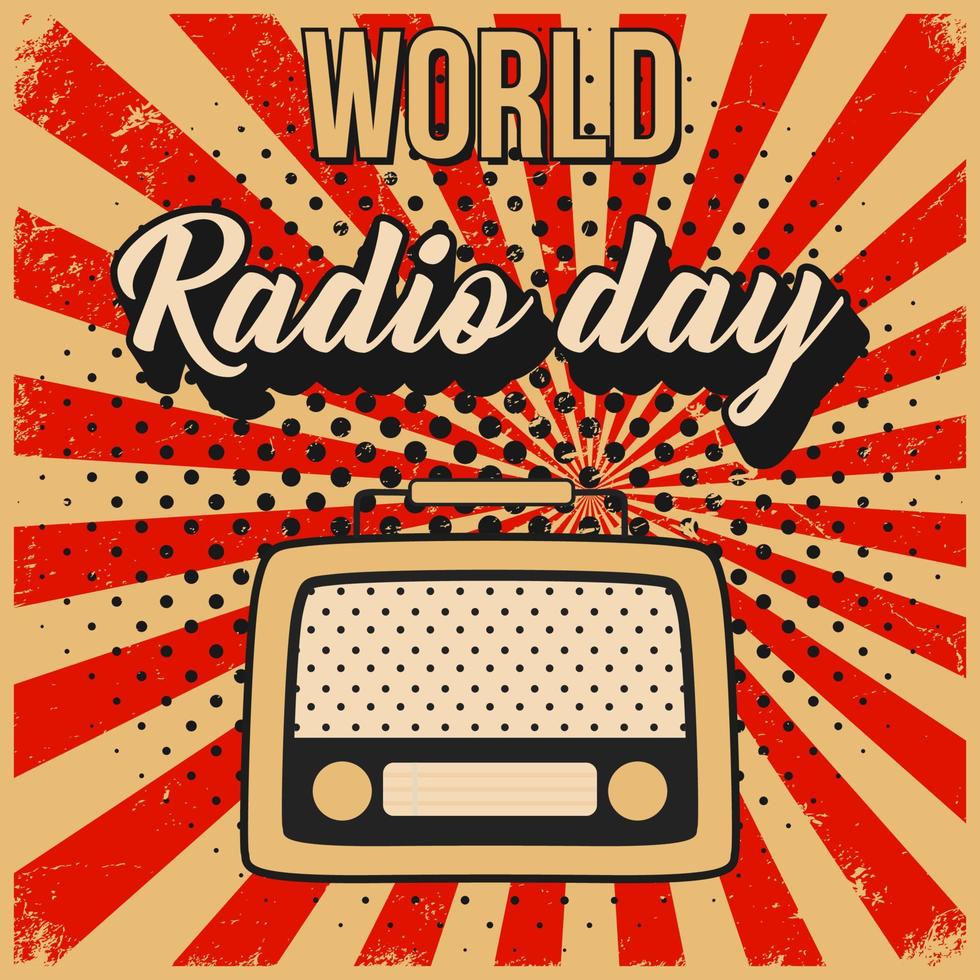 World radio day background in vintage style with grunge textures and radio illustration vector