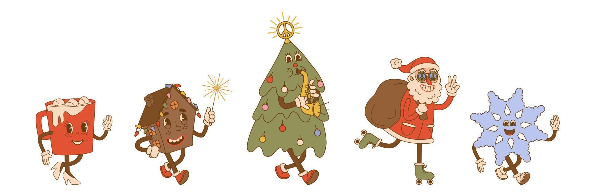 Groovy hippie christmas characters in trendy cartoon style. vector