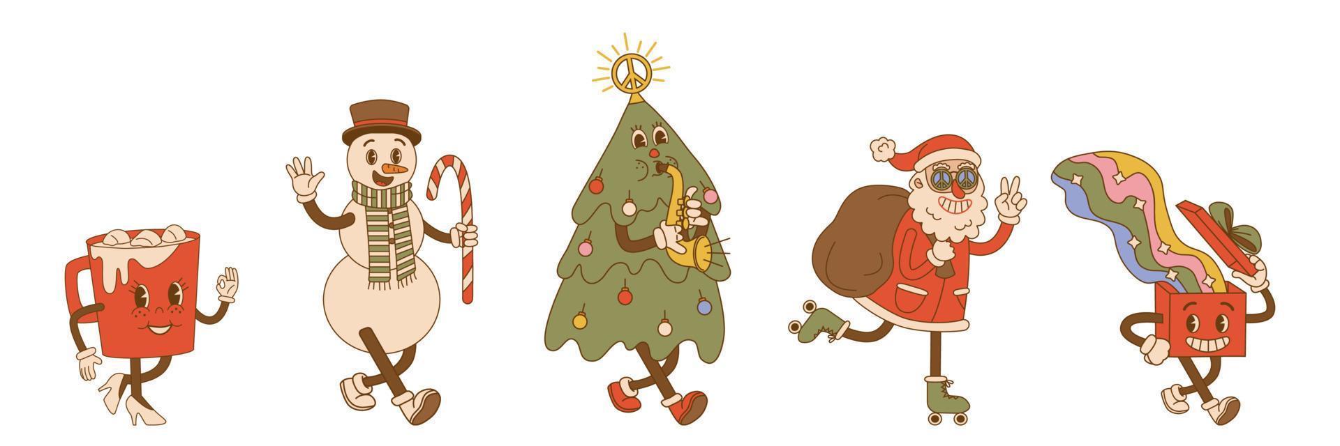 Groovy hippie christmas characters in trendy cartoon style. vector
