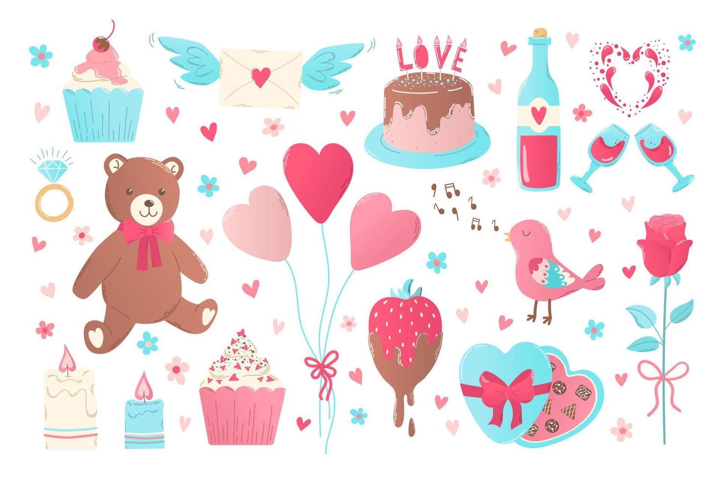 Set cartoon romantic love valentines day elements, stickers in flat hand drawn style. Bear, diamond ring, envelope with wings, chocolate, wine vector